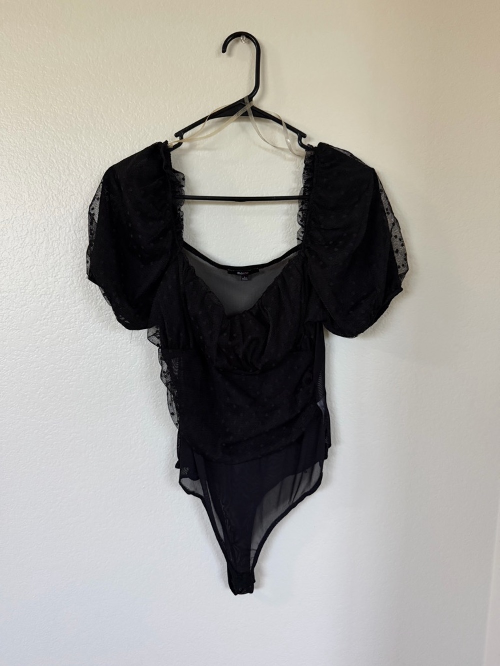 Astr Black Puff Sleeve Sheer Mesh Bodysuit